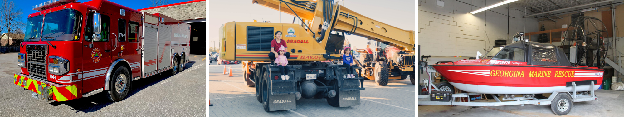 three images: Left: Firetruck, centre: yellow excavator with mom and two children sitting on the tracks, right: boat that says Georgina Made Rescue