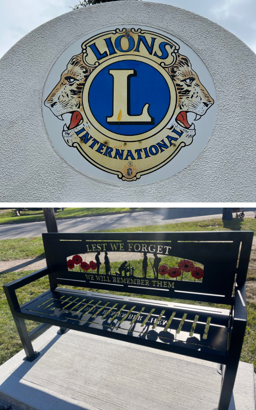 top stone monolith with Lions International emblem on it bottom black iron bench with Lest We Forget We will remember them and some poppies and figures of soldiers