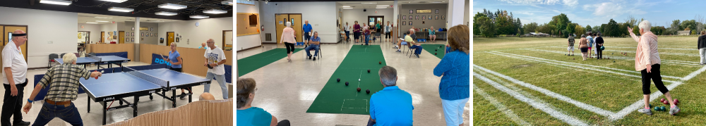 three photos, left - four people playing table tennis in a gym, middle - group of seniors playing carpet bowling, right - older person throwing a bocce ball