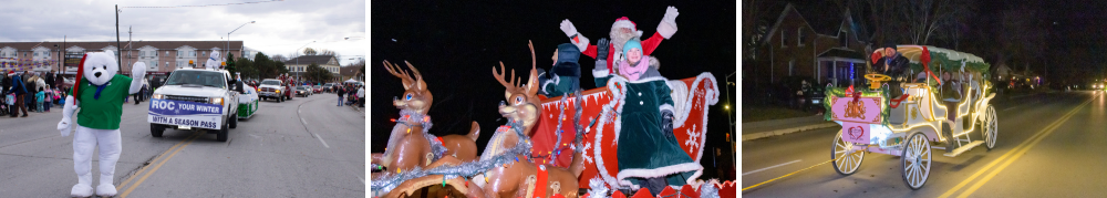 three images from the parades, including Santa on a sleigh