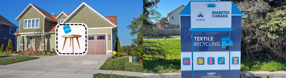llustration of a residential home offering free items for reuse beside a textile recycling donation bin
