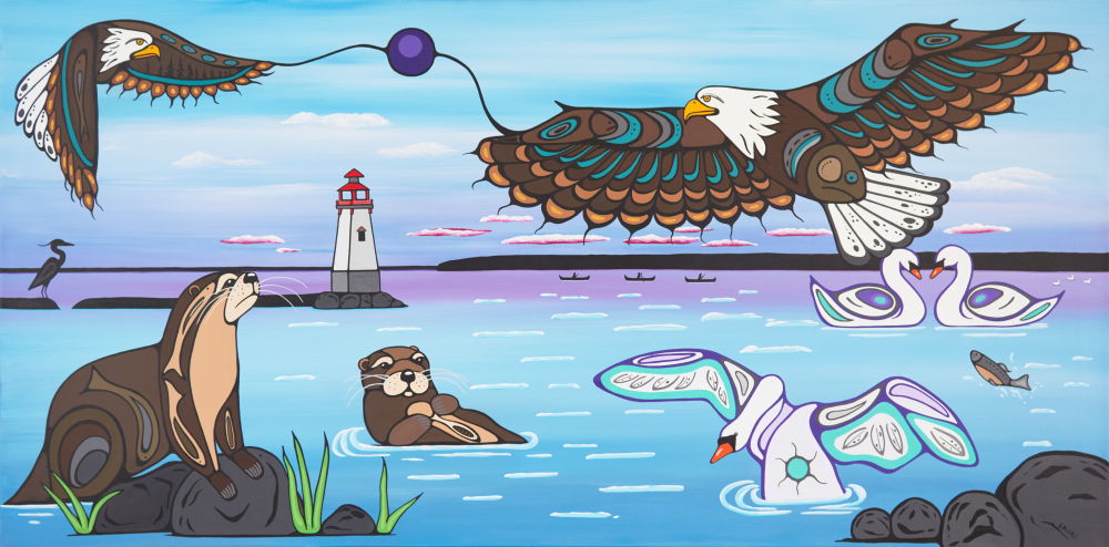 Illustration showing birds and animals in a harbour scene with lighthouse